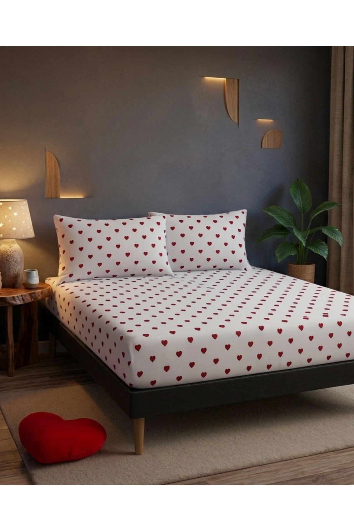 Heart Patterned Cotton Ranforce Elastic Bed Sheet Set