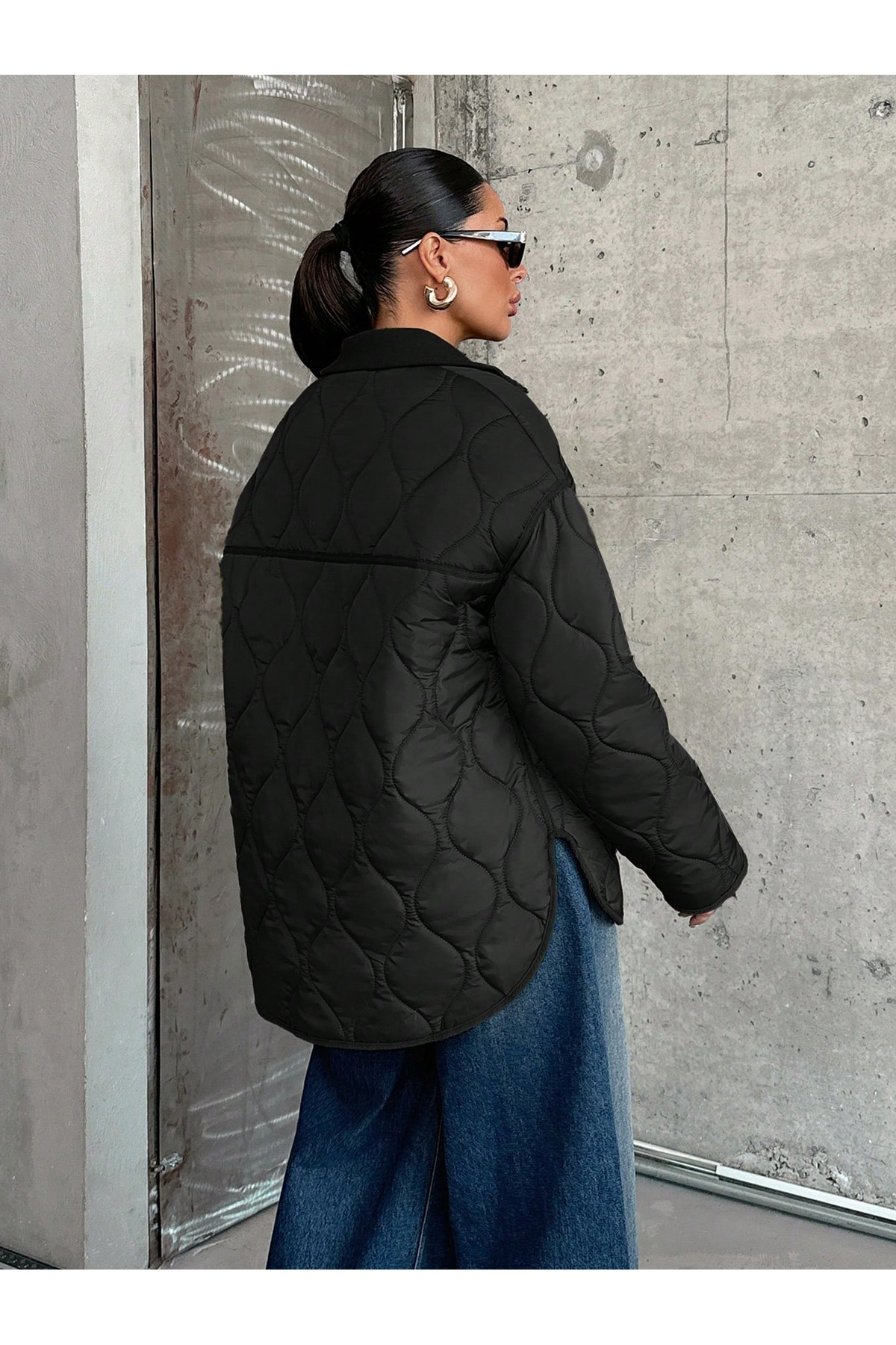 BORCKA TEKSTİL  Siyah Renk Kapitone Desenli Geniş Yaka Kadın Mont - Görsel 4