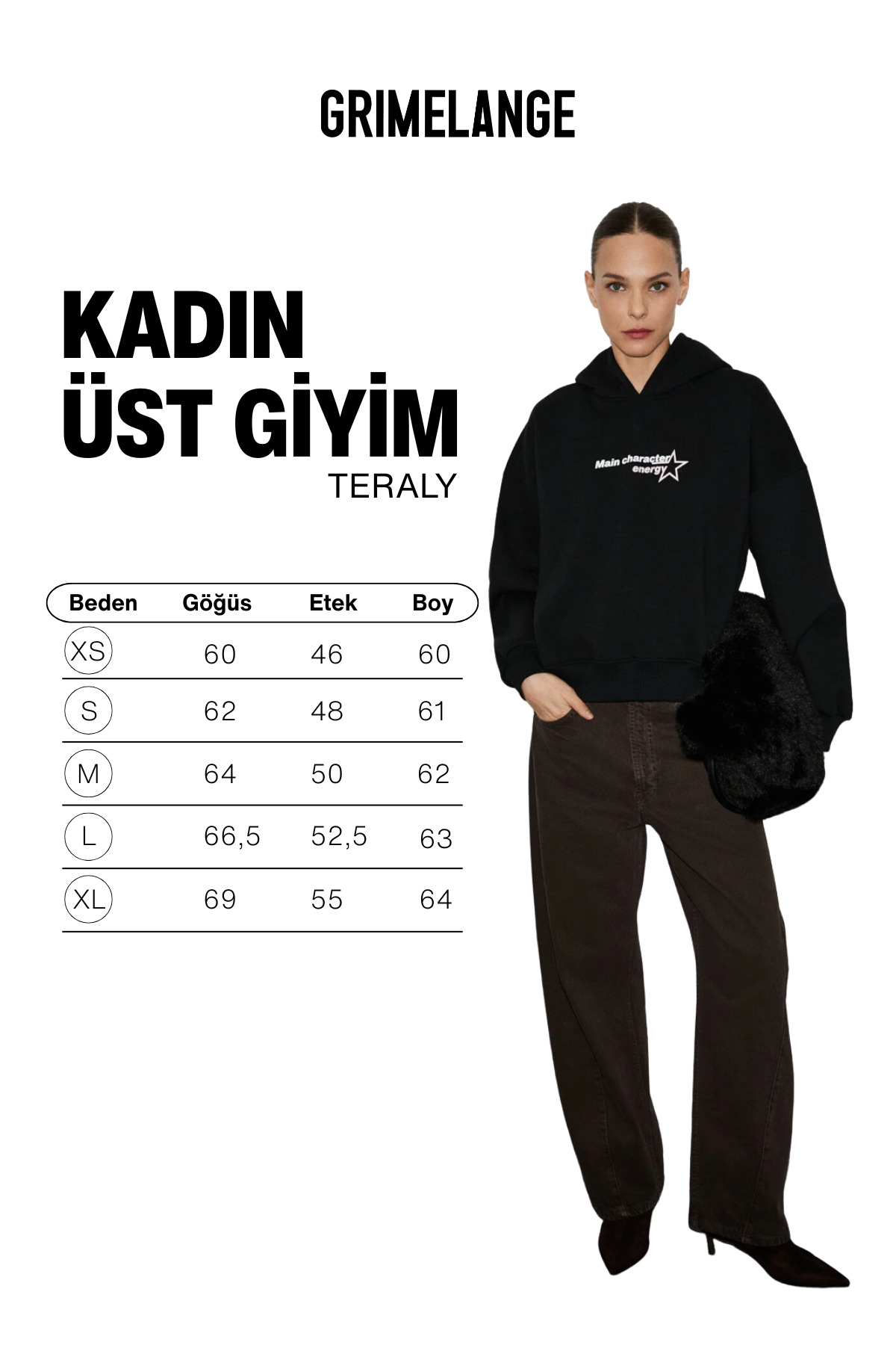 GRIMELANGE TERALY Kadın Organik Pamuklu Polarlı Kumaşlı Baskı Detaylı Siyah Sweatshirt görsel 6