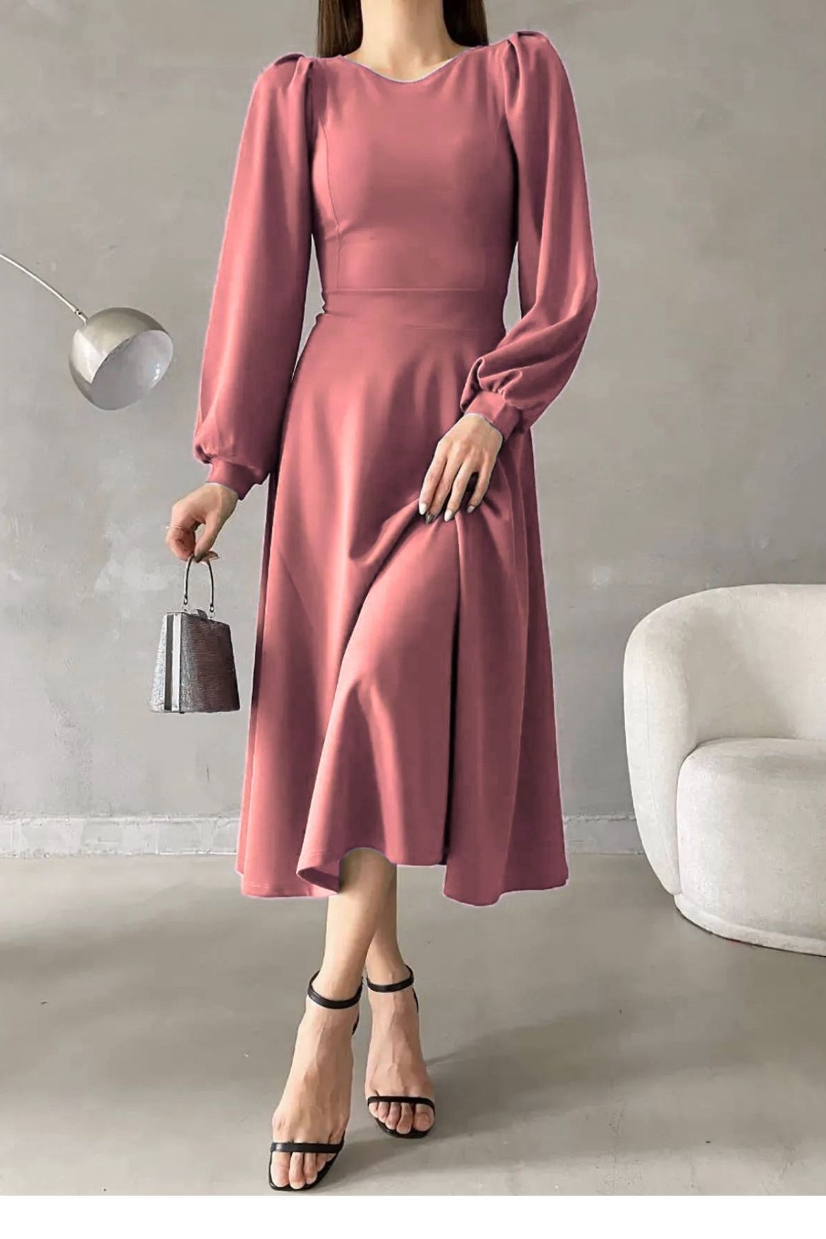 پیراهن میدی یقه گرد بالون کول