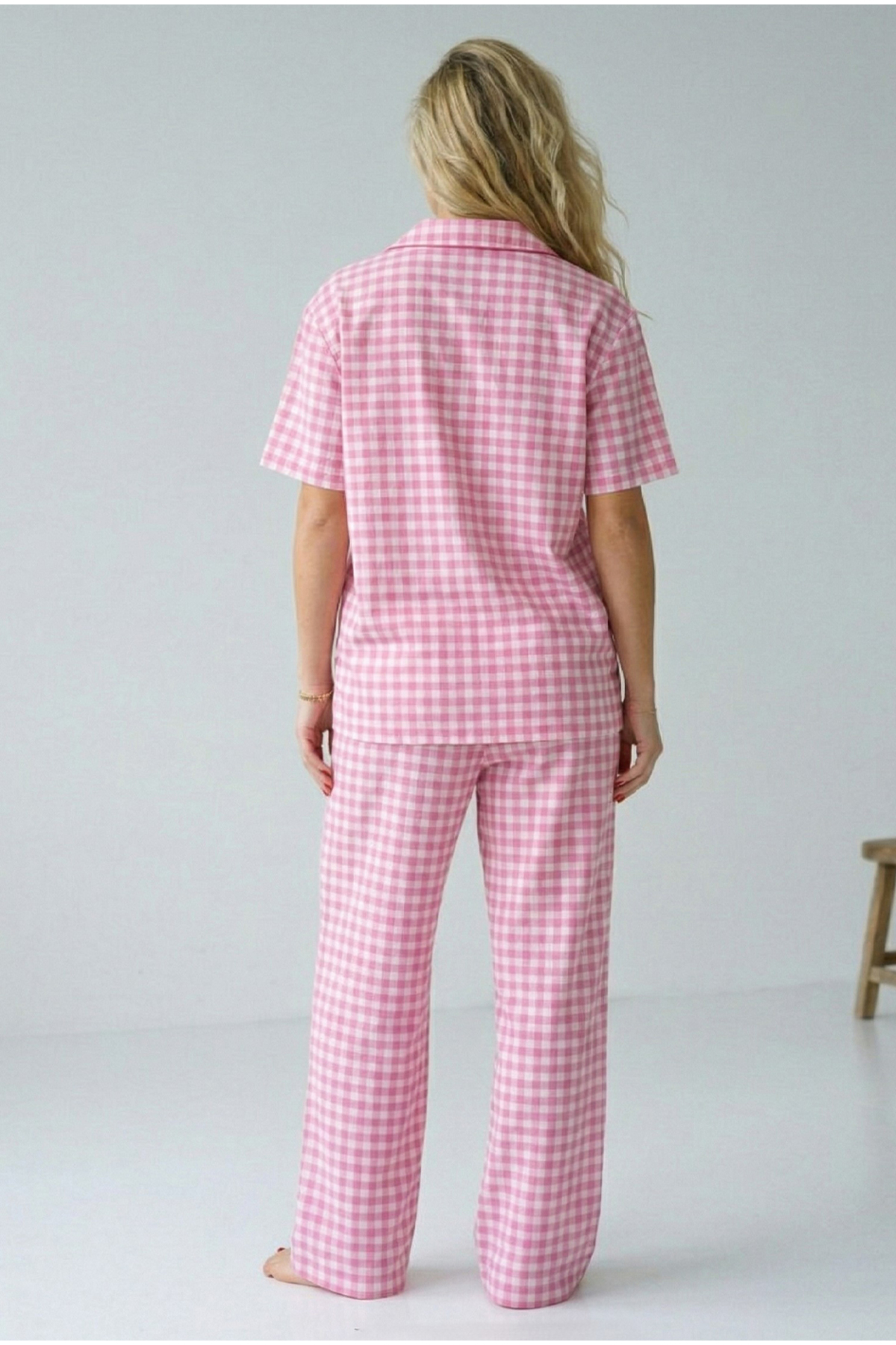 Siyah İnci  pembe ekose kareli Nakışlı Düğmeli Biyeli İnce SOft Örme Pijama Takımı 8001 - Görsel 4