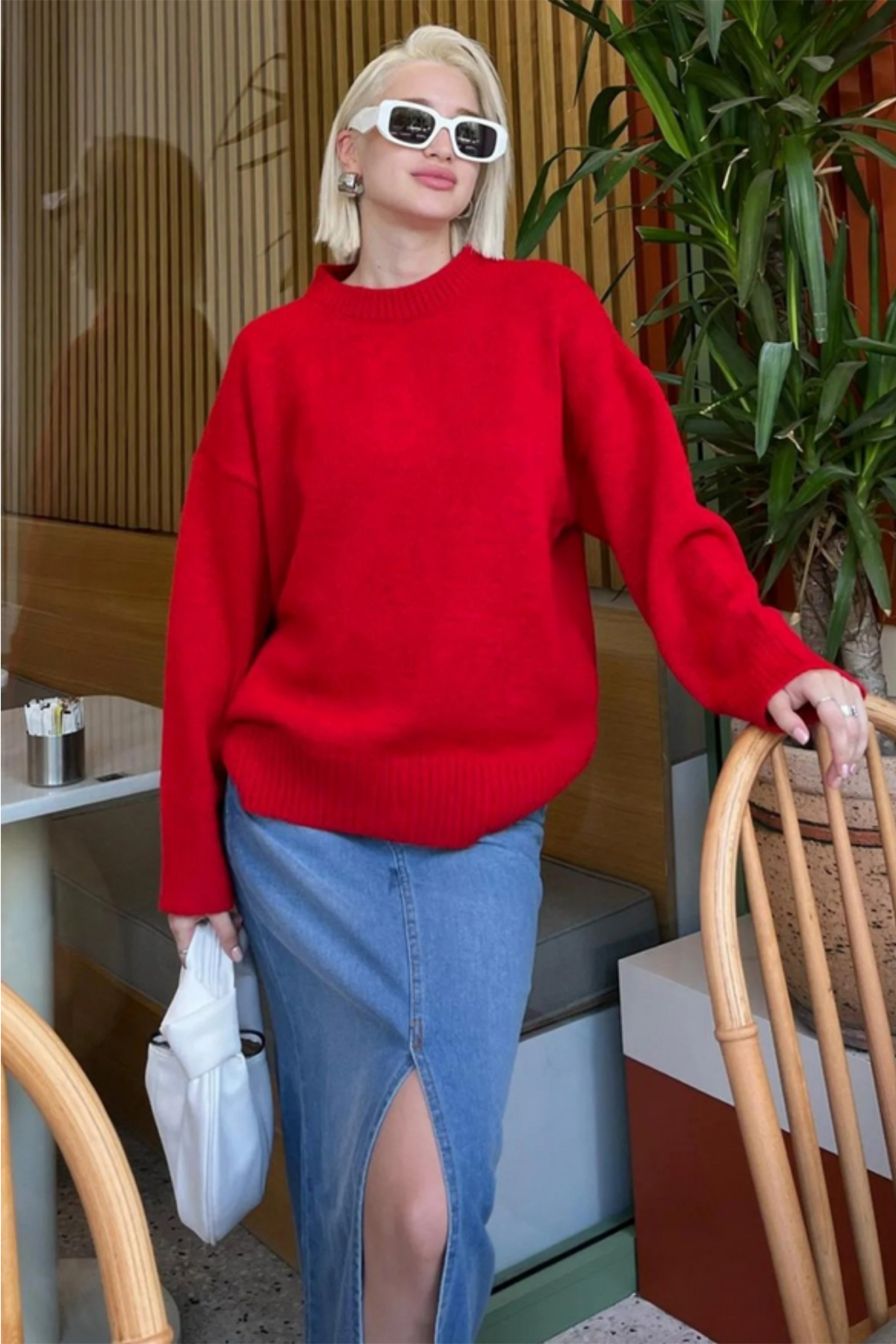 MODASPARK  Kırmızı Bisiklet Yaka Oversize Kadın Triko Kazak - Görsel 8