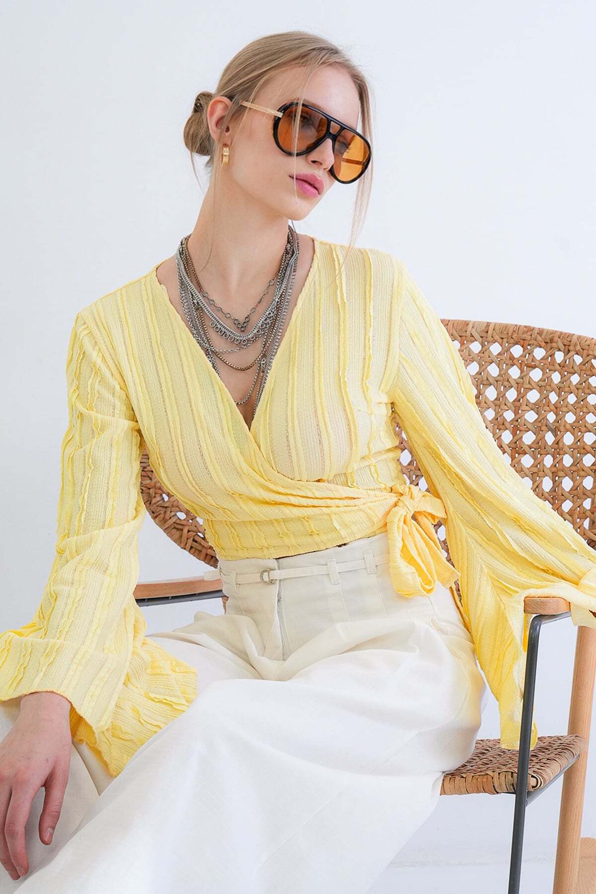 Women's Yellow Wrap Collar Spanish Sleeve Crop Blouse Alc-X15427