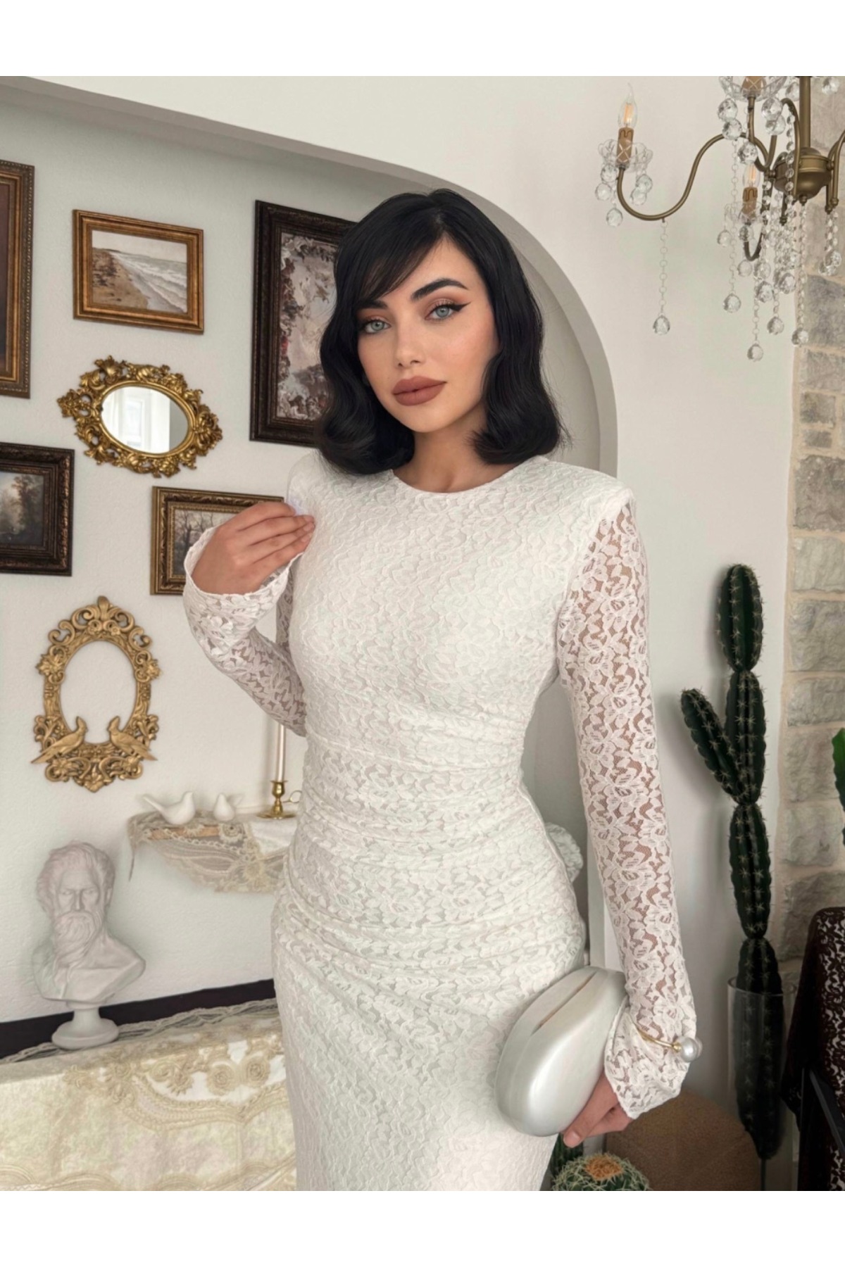 لباس بلند زنانه یقه دار نیم بند توری 5