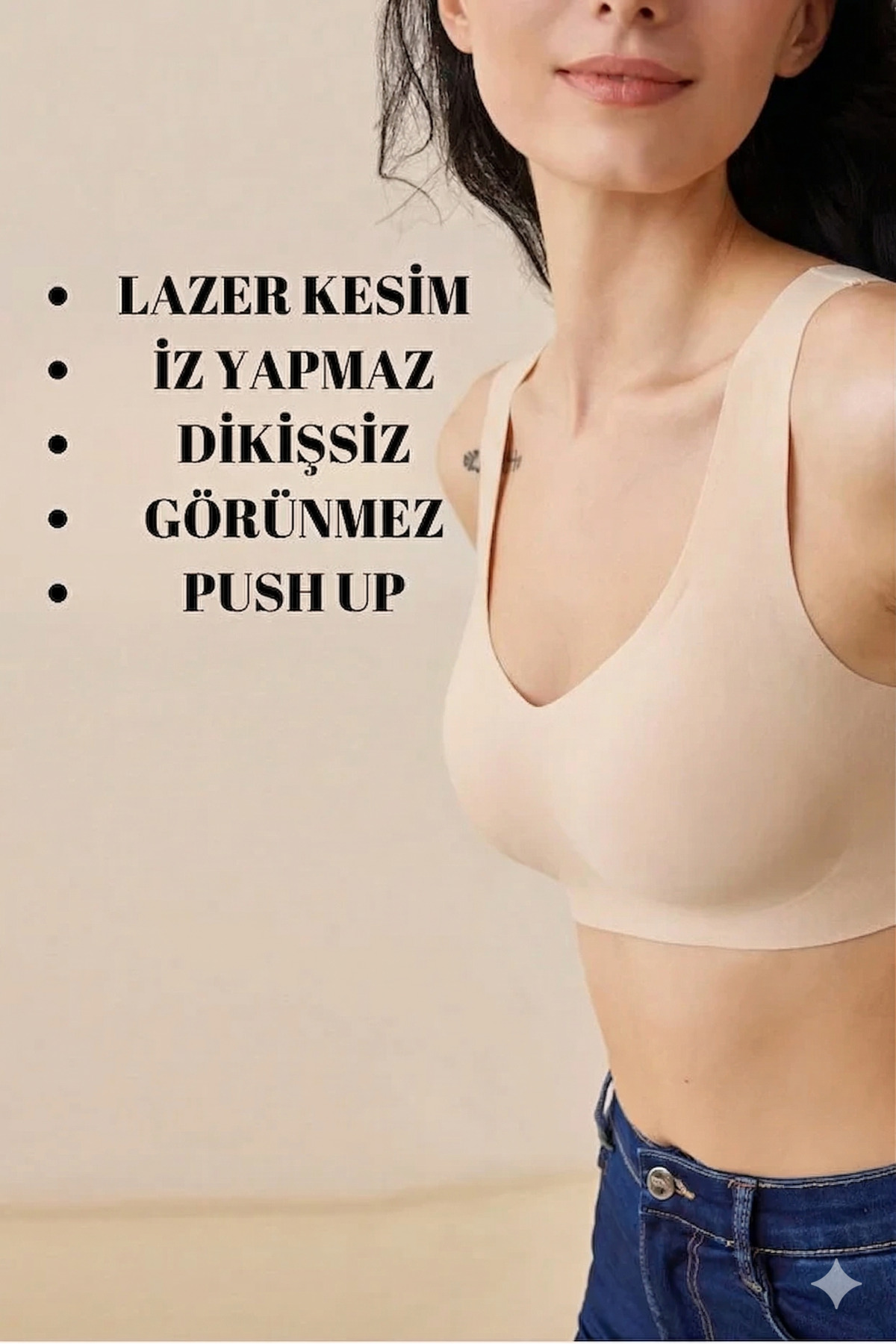 SWEETKORSE Lazer Kesim Dikişsiz Pedli Yumuşak İz Yapmaz Balensiz Invisible Görünmez Push Up Toparlayıcı Sütyen