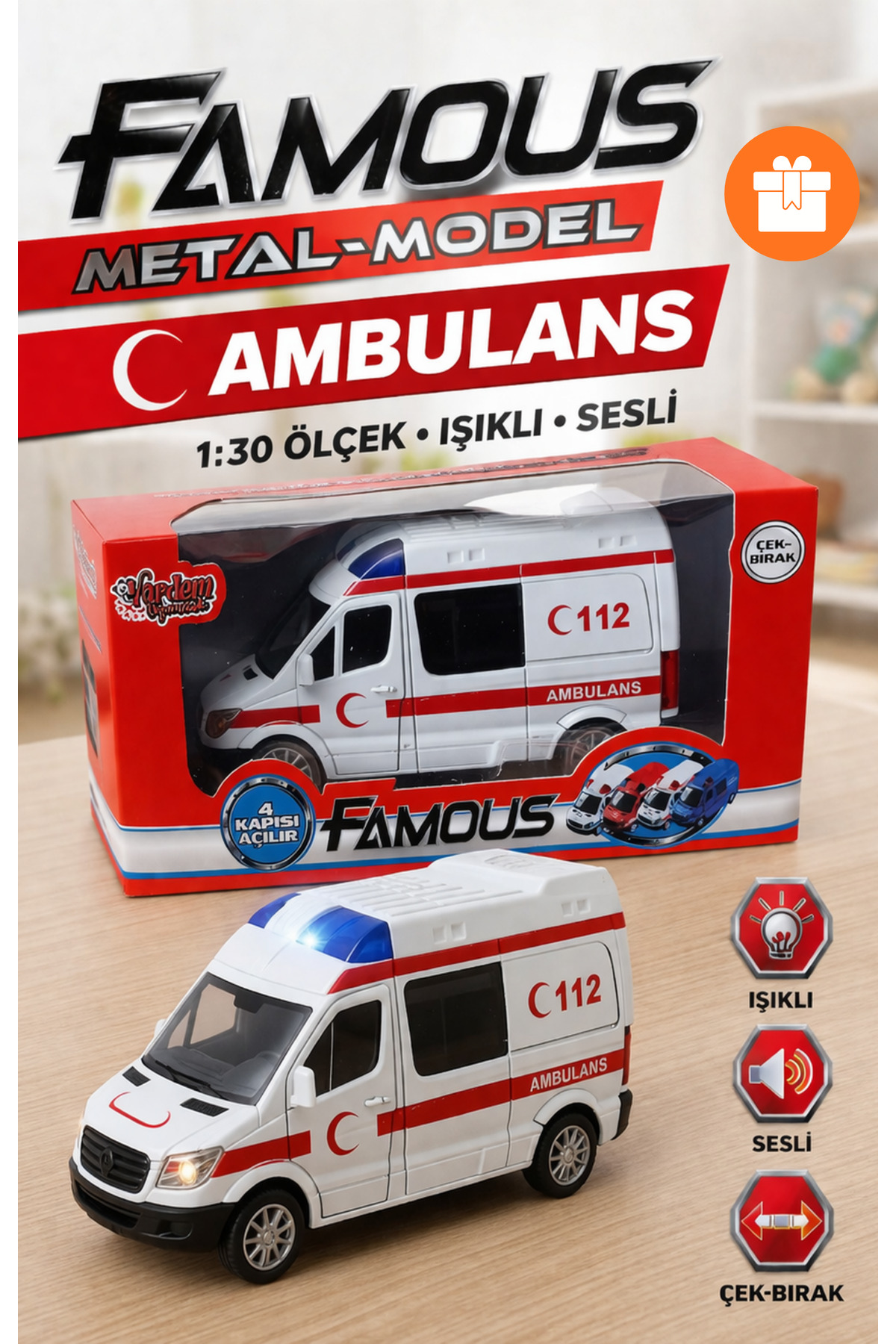 イチコー キャデラック AMBULANCE 約31cm viyolmarketim Işıklı Sesli Metal Ambulans Oyuncak – Açılır Kapılı