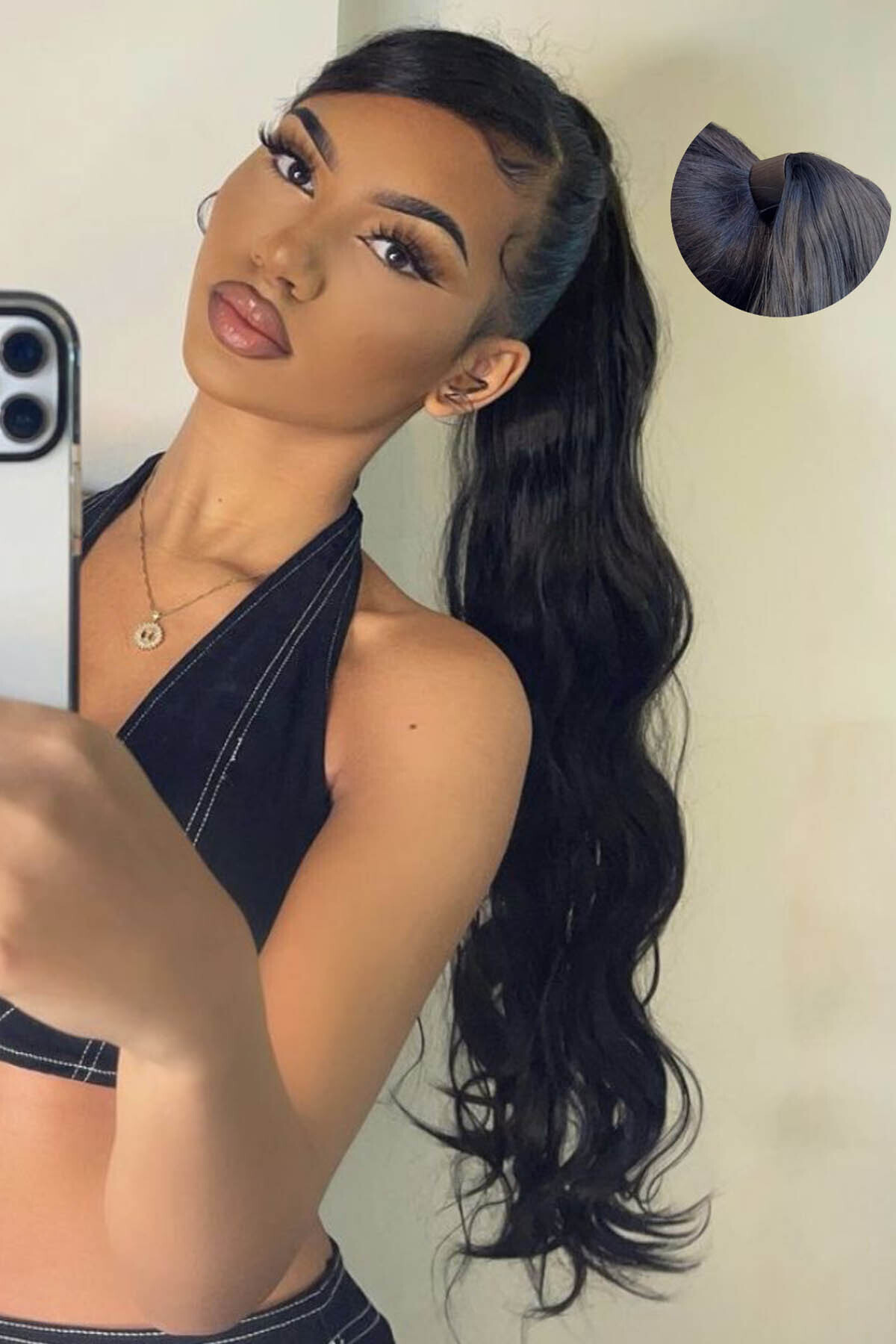Ponytail Hairpin Hair Extension in Real Hair Texture with Black Color Wavy