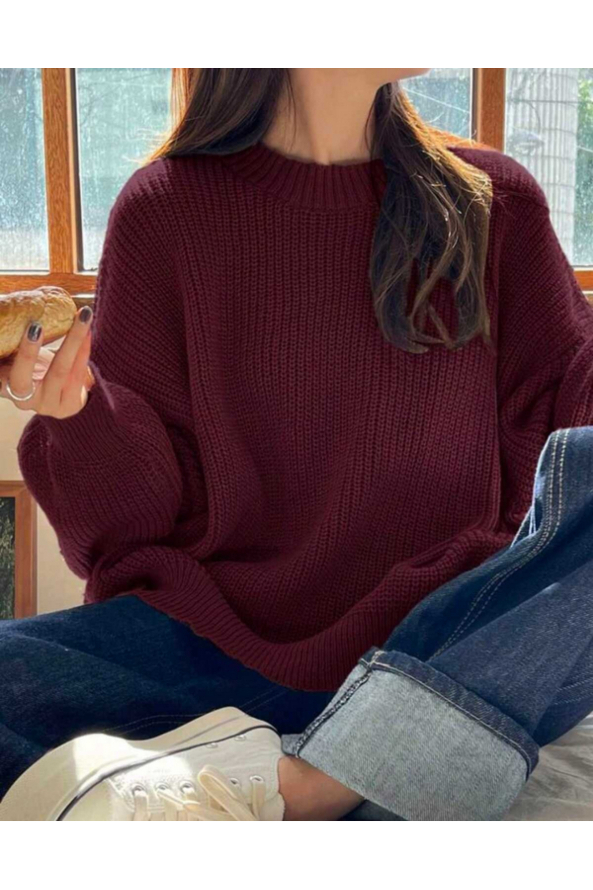 MODASPARK  Bordo Bisiklet Yaka Oversize Kadın Triko Kazak - Görsel 6