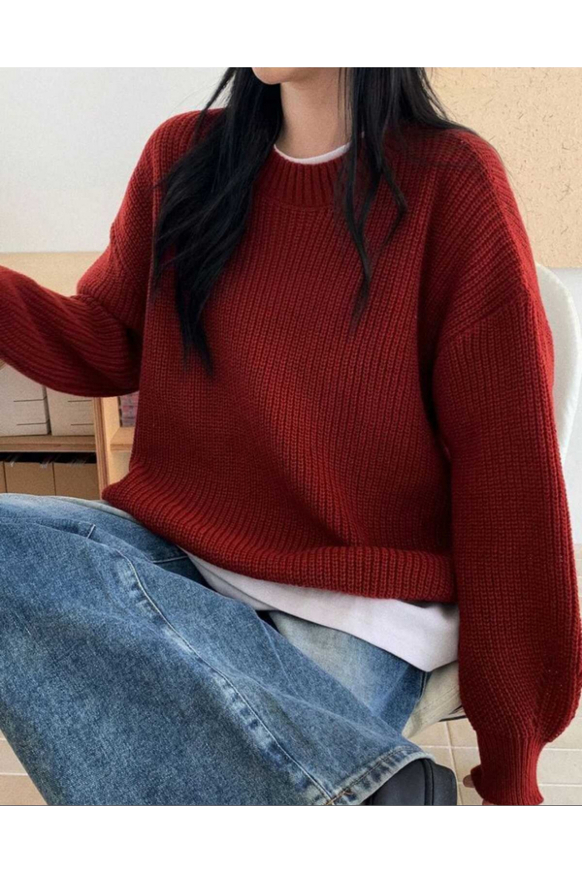 MODASPARK  Kırmızı Bisiklet Yaka Oversize Kadın Triko Kazak - Görsel 5