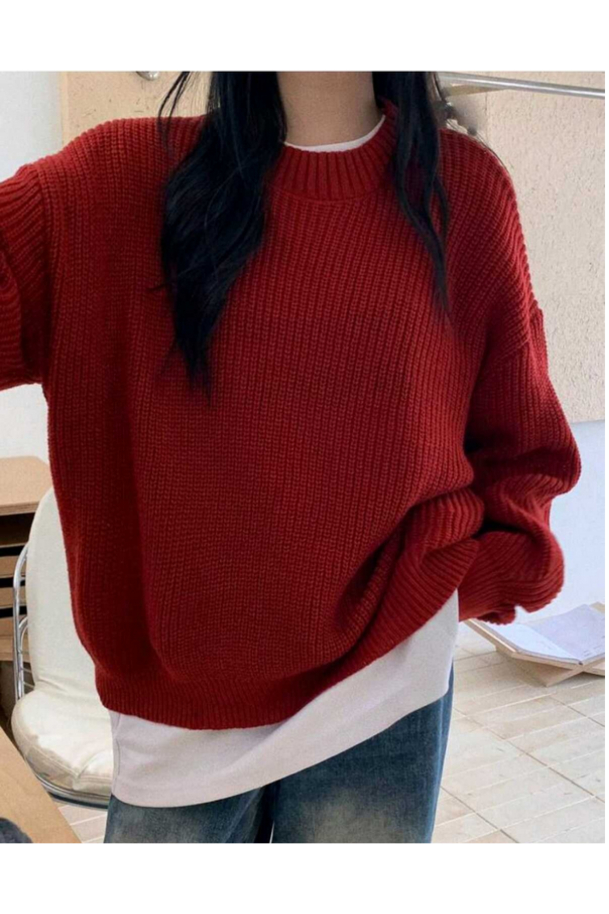 MODASPARK  Kırmızı Bisiklet Yaka Oversize Kadın Triko Kazak - Görsel 6