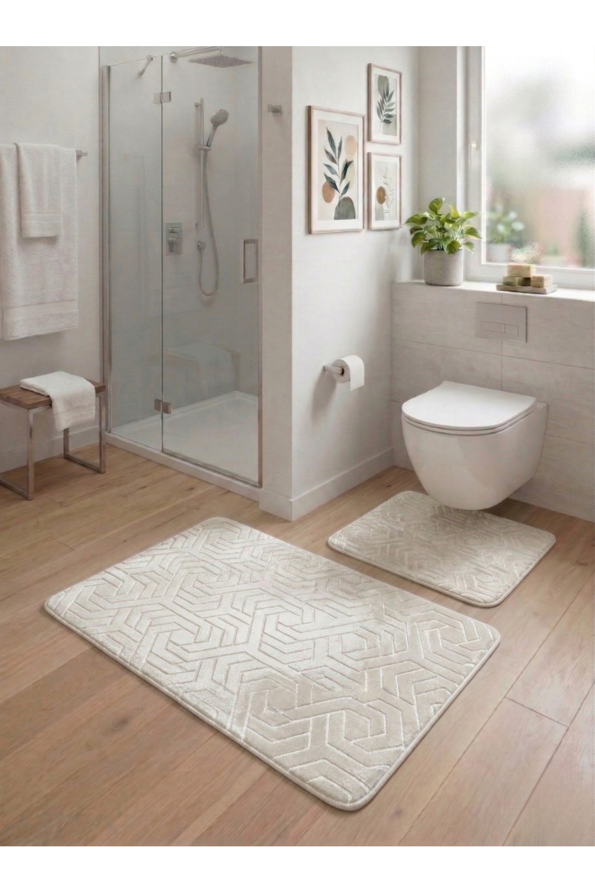 Bath Mat Set of 2 Cream Soft Anti-Slip Base Washable Stainproof60x100-40x60