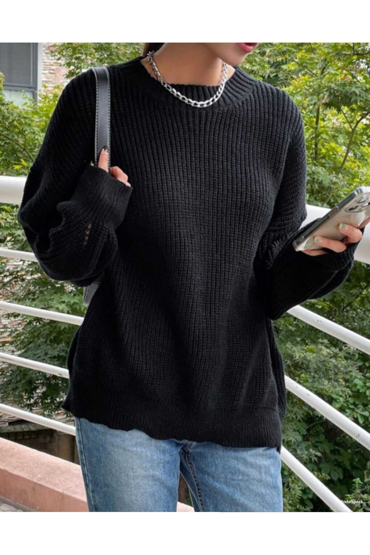 MODASPARK  Siyah Bisiklet Yaka Oversize Kadın Triko Kazak - Görsel 7