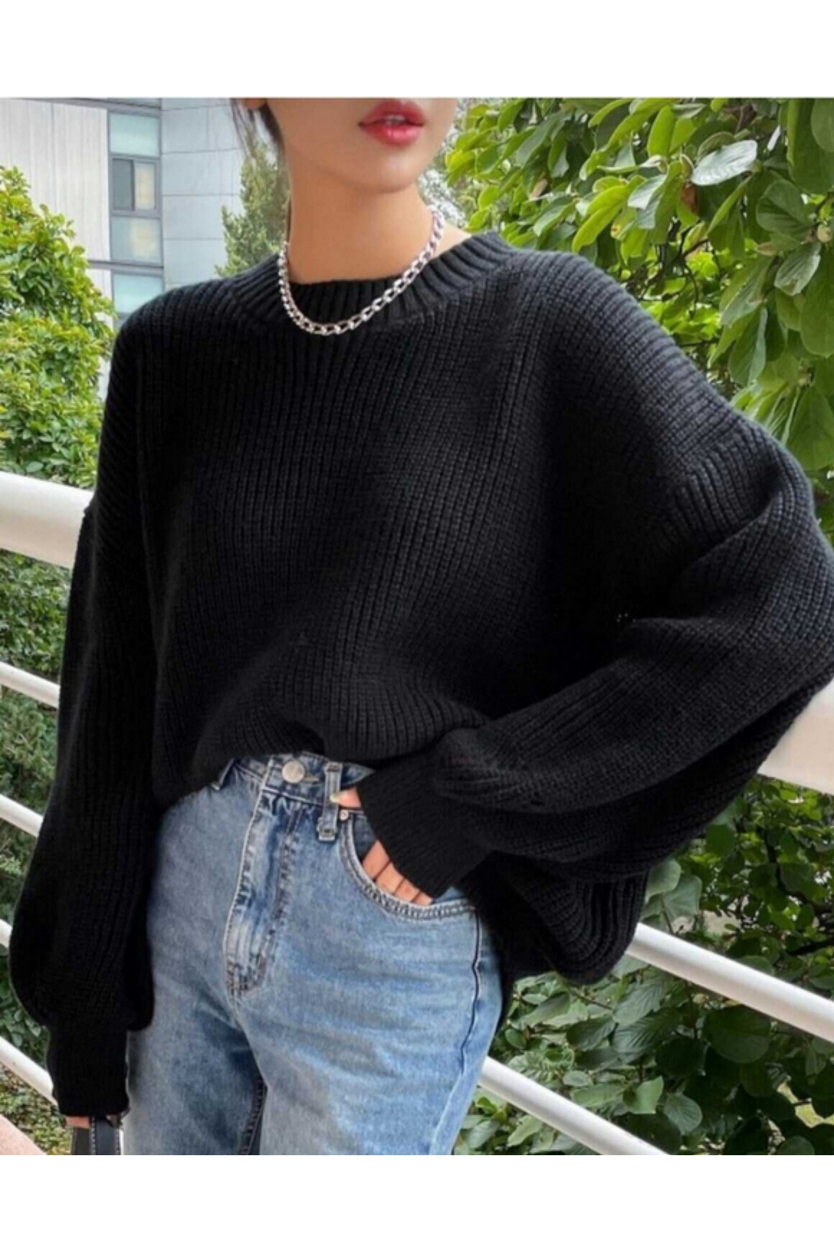 MODASPARK  Siyah Bisiklet Yaka Oversize Kadın Triko Kazak - Görsel 6