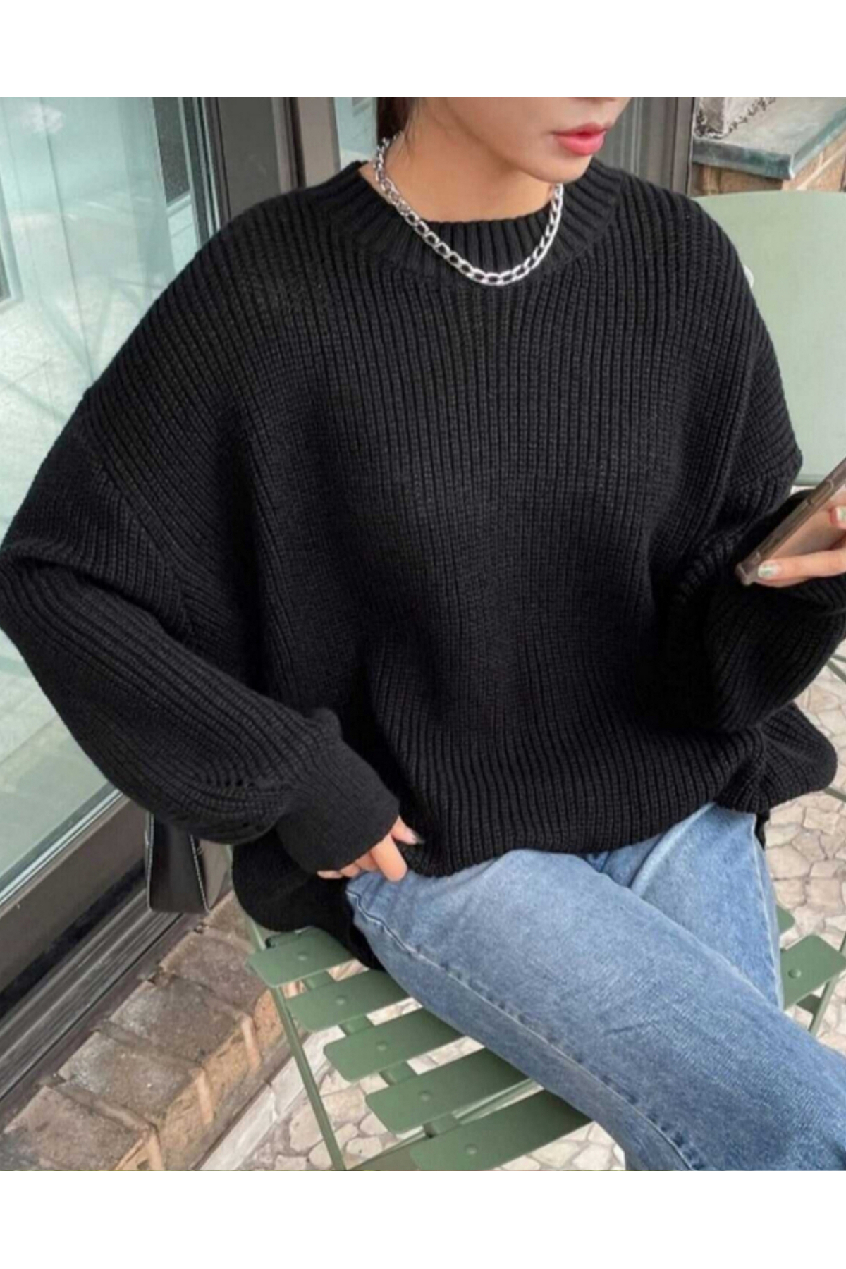 MODASPARK  Siyah Bisiklet Yaka Oversize Kadın Triko Kazak - Görsel 4