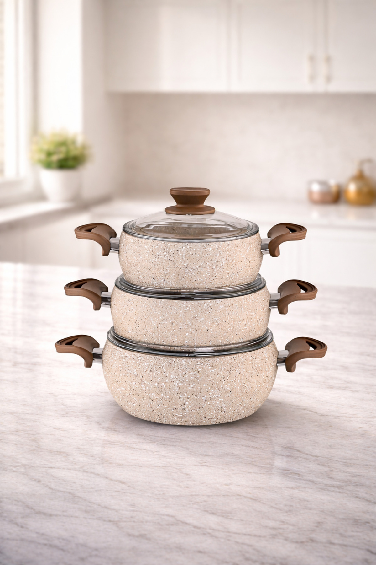 Granite Pro 6 Piece Granite Casserole Cookware Set Cappuccino Bakelite Handle - 18/20/22 Deep