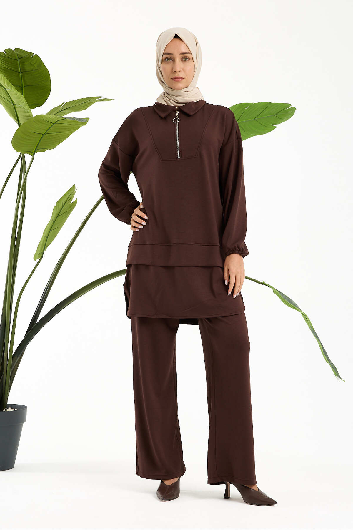 Kadın Premium Modal Kumaş İkili Takım – Rahat Kesim Tunik ve Pantolon - Kahverengi