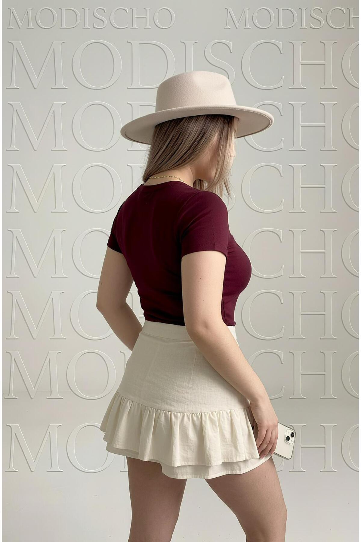MODiSCHO Kadın Bordo Bisiklet Yaka Slim Fit Pamuklu Ultra Soft Likralı Kumaş Basic T-Shirt & Body görsel 8
