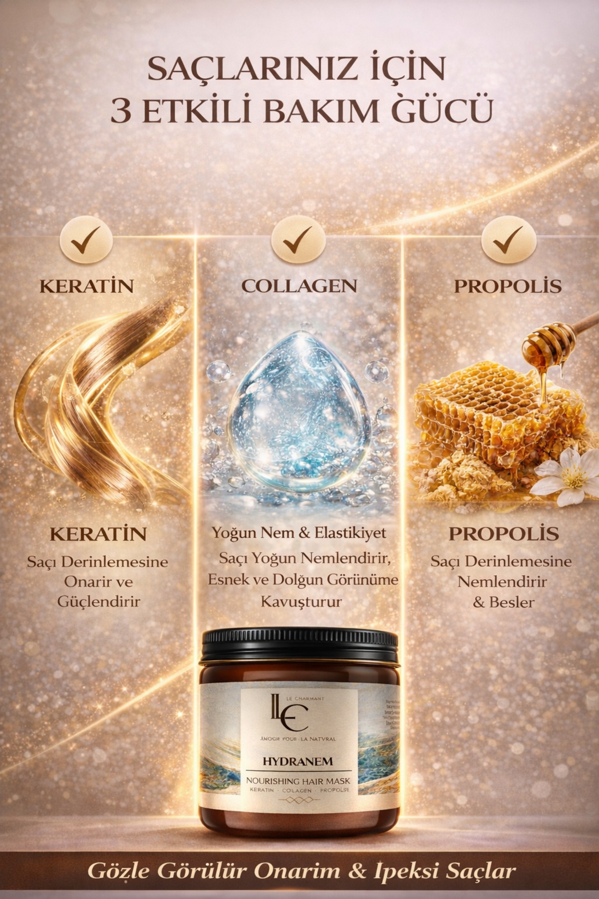 Keratin Saç Maskesi 500 ml Yoğun Onarım & Güçlendirici Kolajen Propolis Profesyonel Bakım — LC-HYDRANEM-MASK-500 — تصویر 3 از 8