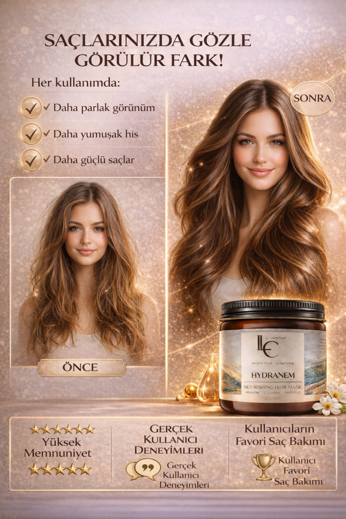 Keratin Saç Maskesi 500 ml Yoğun Onarım & Güçlendirici Kolajen Propolis Profesyonel Bakım — LC-HYDRANEM-MASK-500 — تصویر 5 از 8