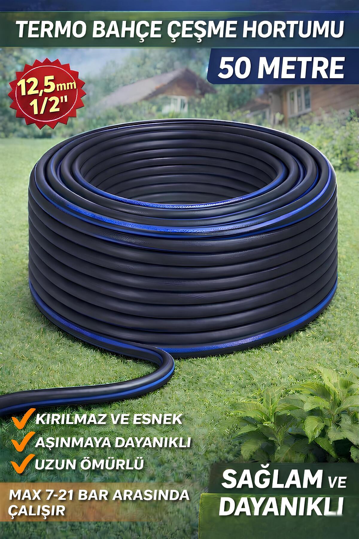 GLASWEN Termo Kauçuklu Bahçe Hortumu 50 Metre Dayanıklı 3 Katlı Sağlam Su Sulama Yıkama Hortum 12.5 mm 1/2"