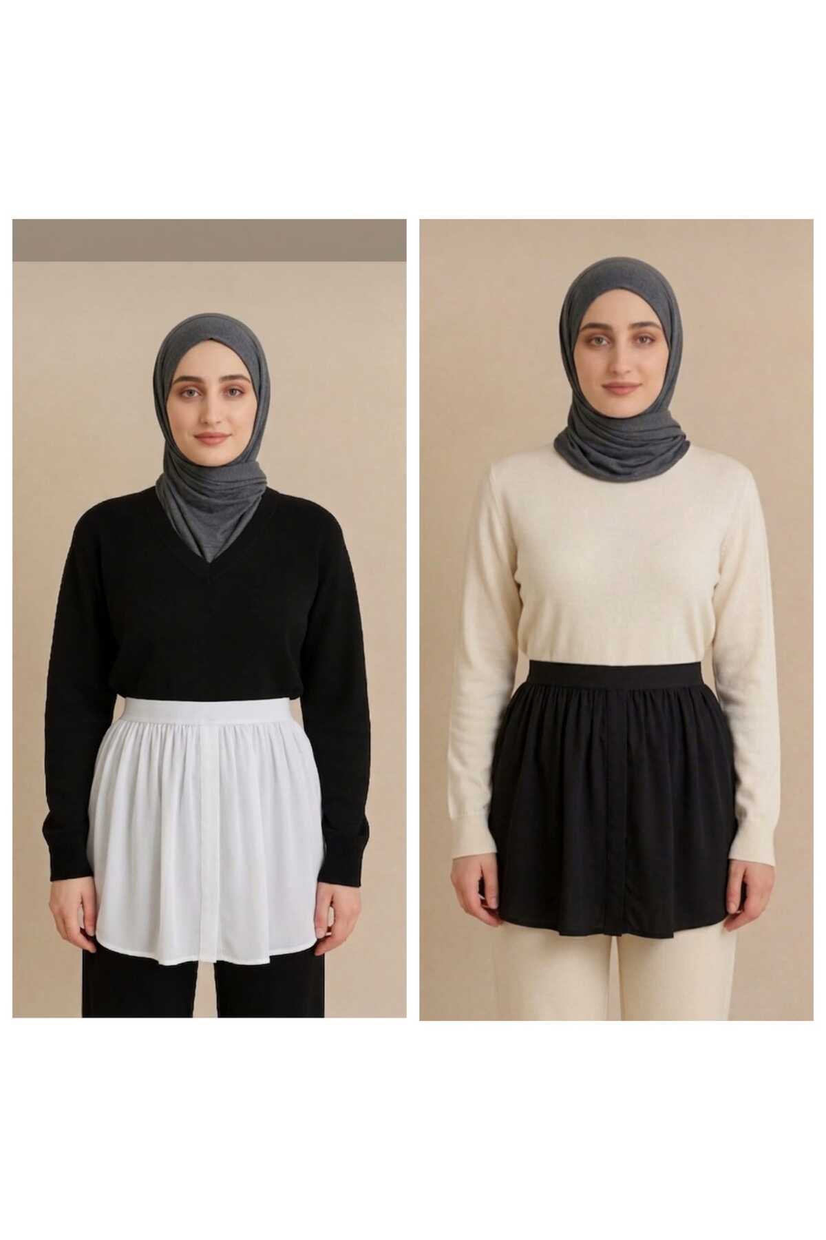 fh fashionhere Tesettür 2'li Paket Siyah-Ekru Kurtarıcı Uzatıcı Etek İçlik Kazak Altı Yarım Gömlek görsel 3