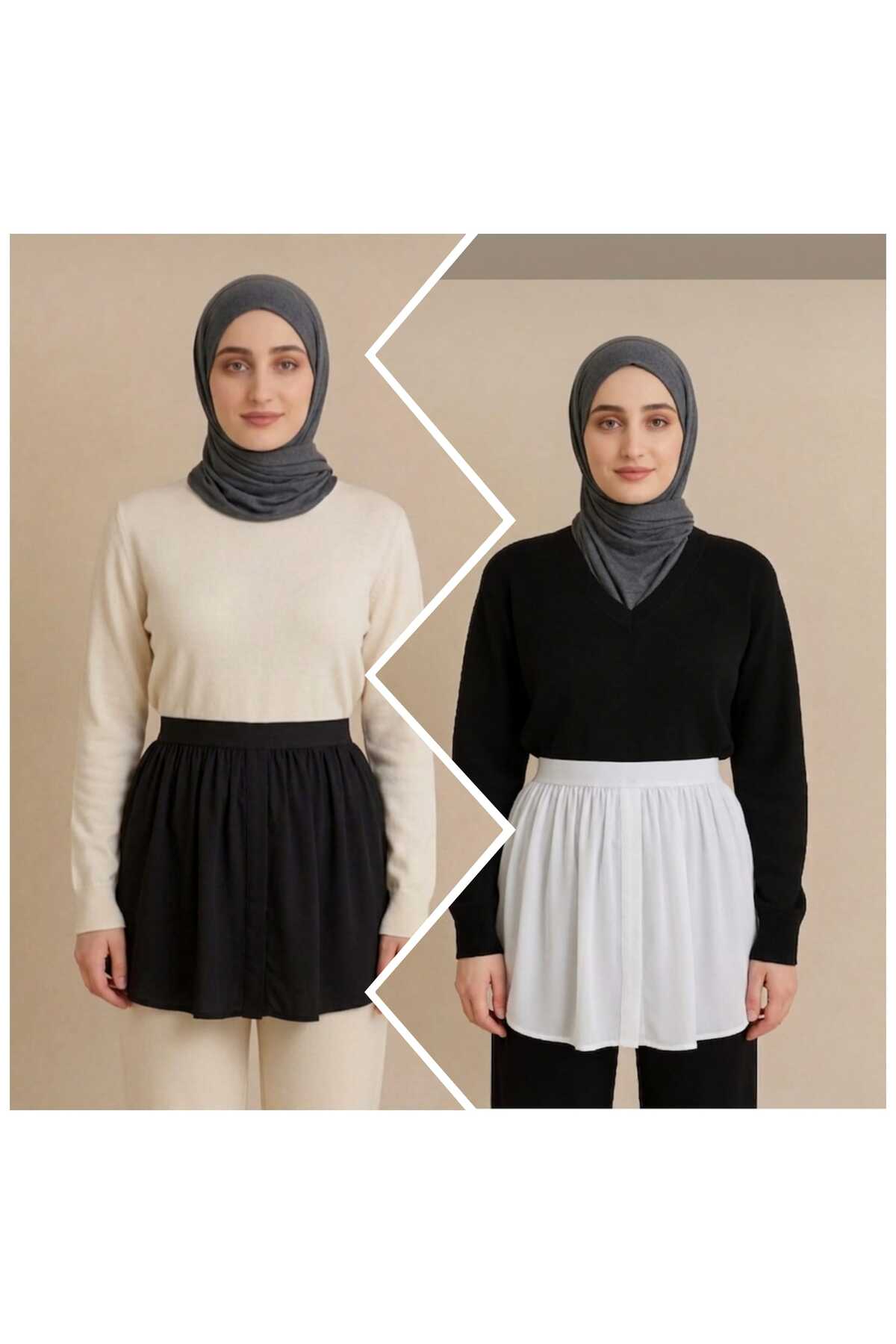 fh fashionhere Tesettür 2'li Paket Siyah-Ekru Kurtarıcı Uzatıcı Etek İçlik Kazak Altı Yarım Gömlek görsel 2