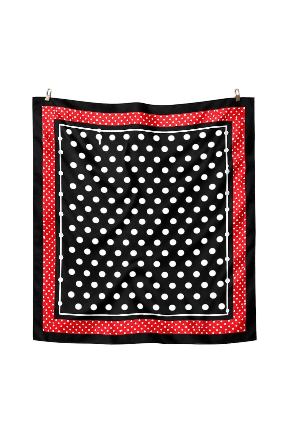 Black and White Polka Dot Satin Scarf 50x50 cm – Stylish Women's Bandana with Red Frame