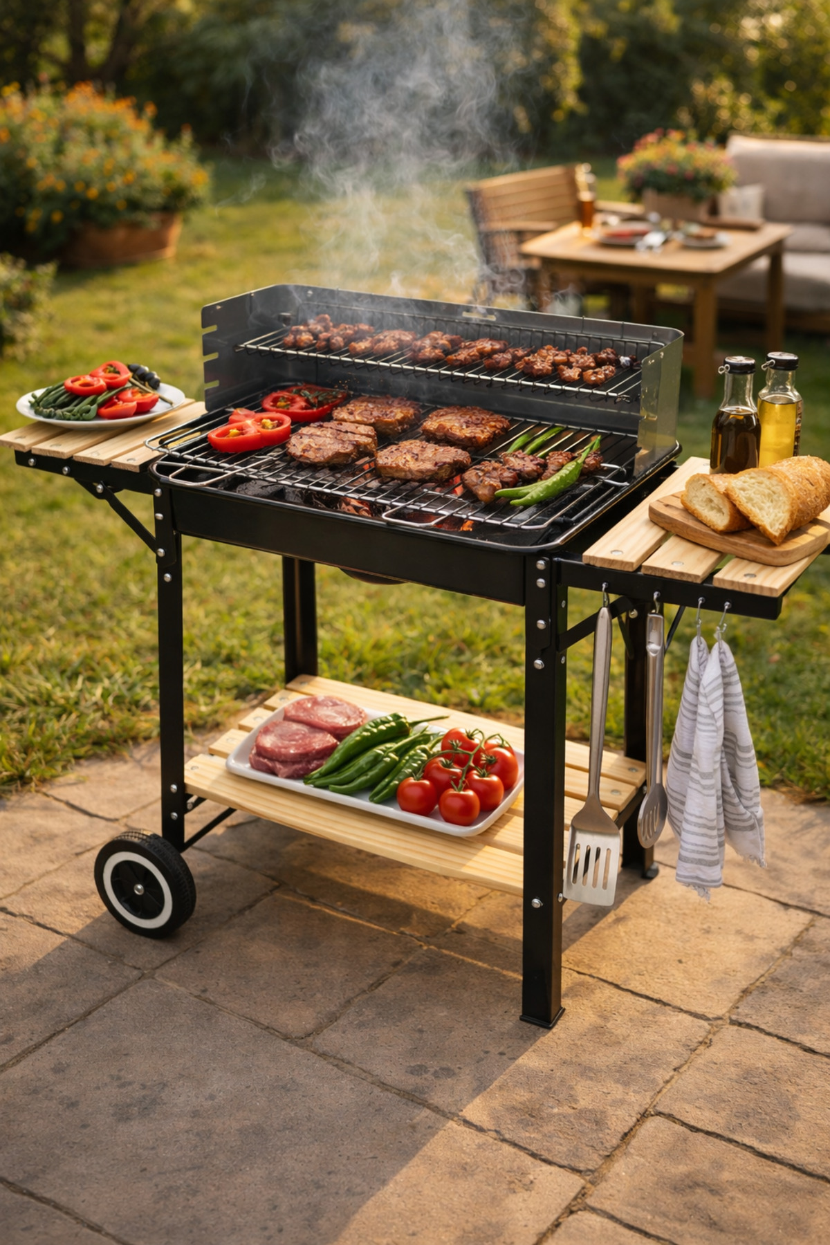 Wheeled Barbecue Two Wooden Coffee Table Shelf with 4 Hooks Charcoal Barbecue 94x85cm Af046