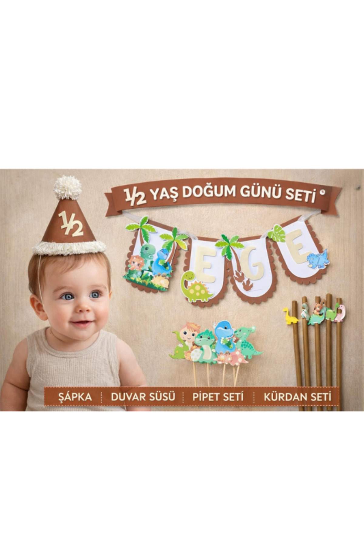Kişiye Özel Dinozor Konseptli Doğum Günü Parti Seti - İsimli Banner Afiş