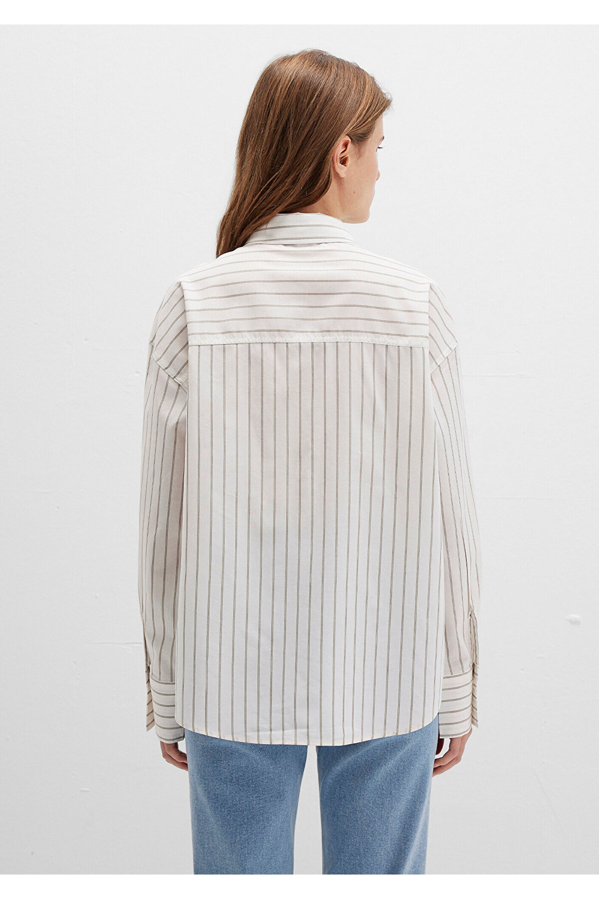Çizgili Ekru Gömlek Loose Fit / Bol Rahat Kesim 1211201-83926 — بژ — تصویر 6 از 8