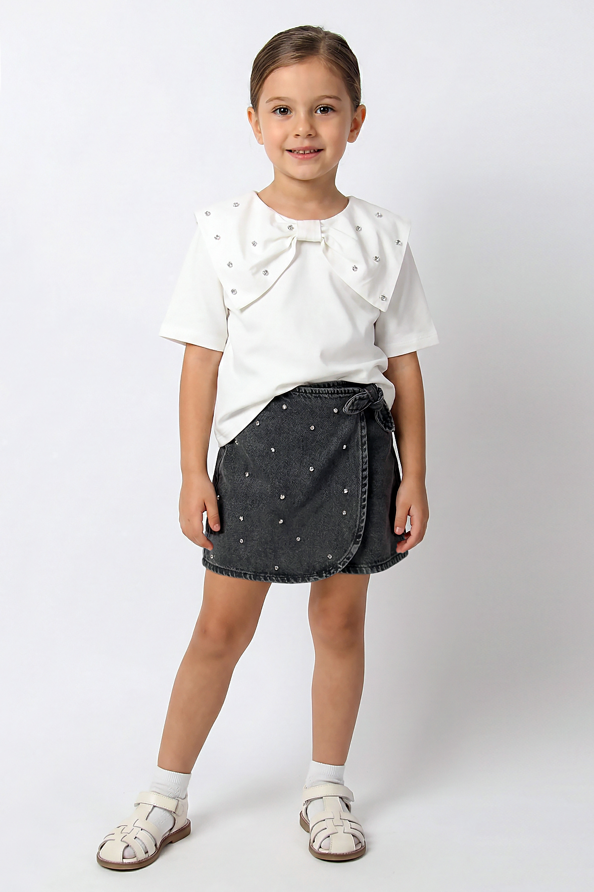 Girls Shorts Skirt Diamond Stone Detailed Set