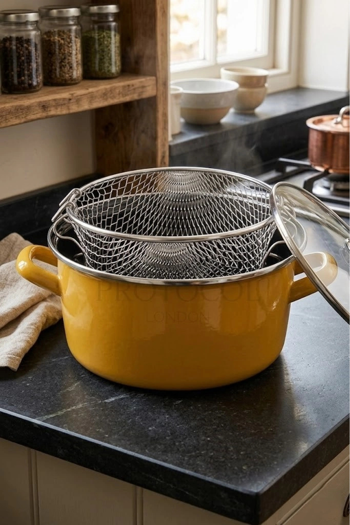 Protocol London Nishev Lüks Italyan Emaye Fritöz Kızartma Tenceresi 22 Cm 3,5 Litre - Sarı Airfryer