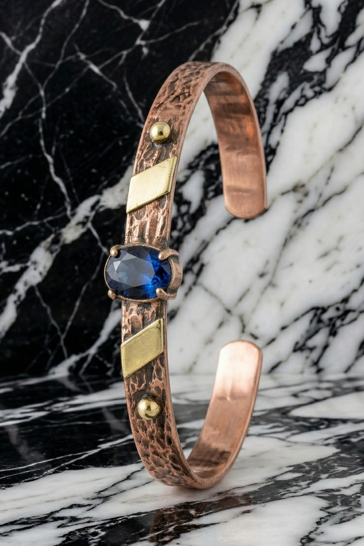 Women's Copper Bracelet Natural Sapphire Stone Strip Detailed Amira Model Women's Copper Adjustable Bracelet