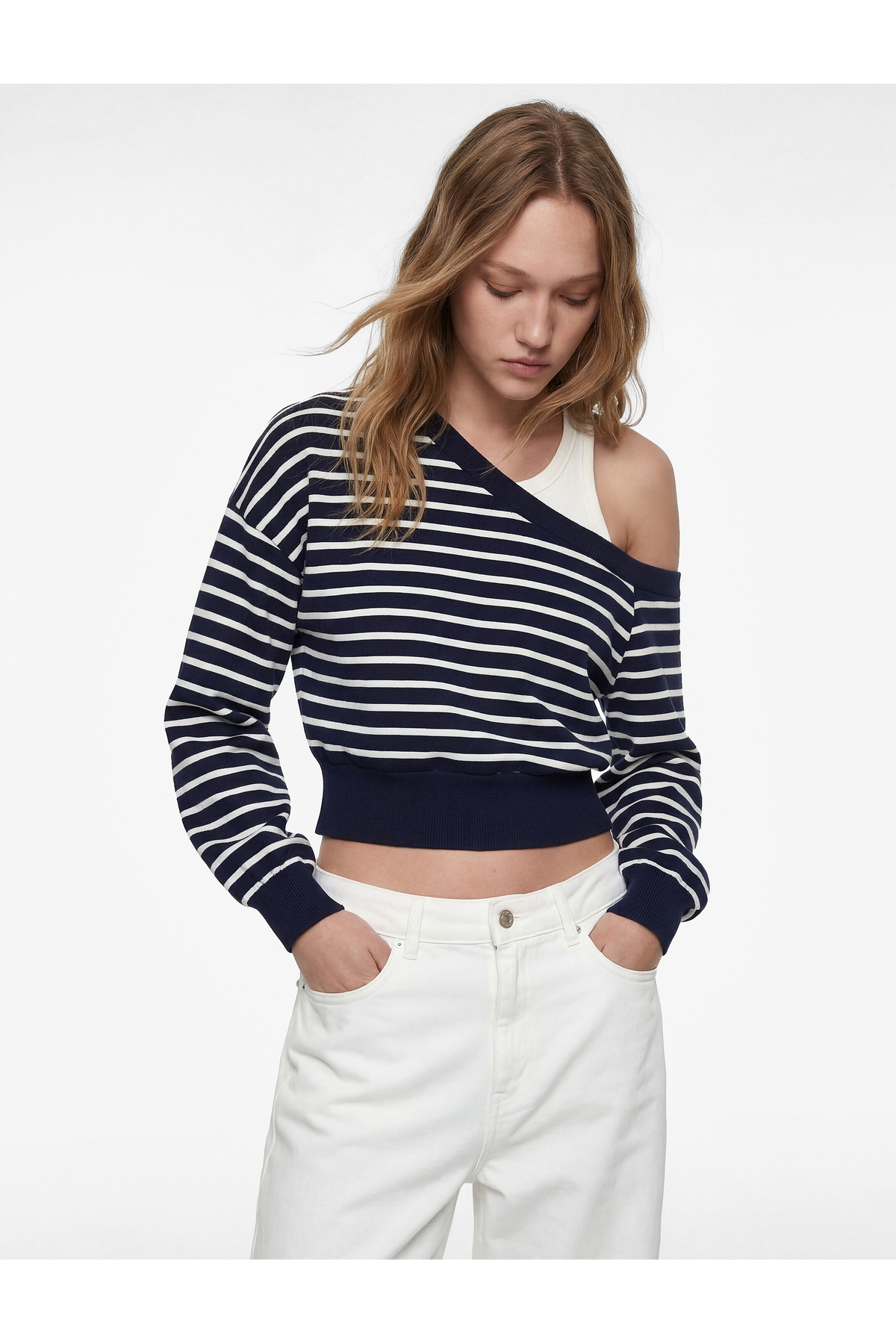 Koton  Rahat Kalıp Uzun Kollu Kayık Yaka Omzu Açık Çizgili Sweatshirt - Görsel 2