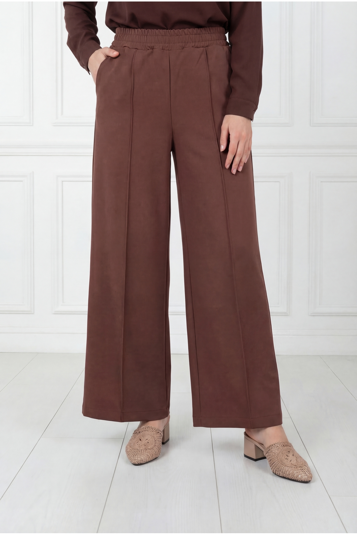 Zayna Wide Leg Scuba Diving Pants-MT3555 Brown
