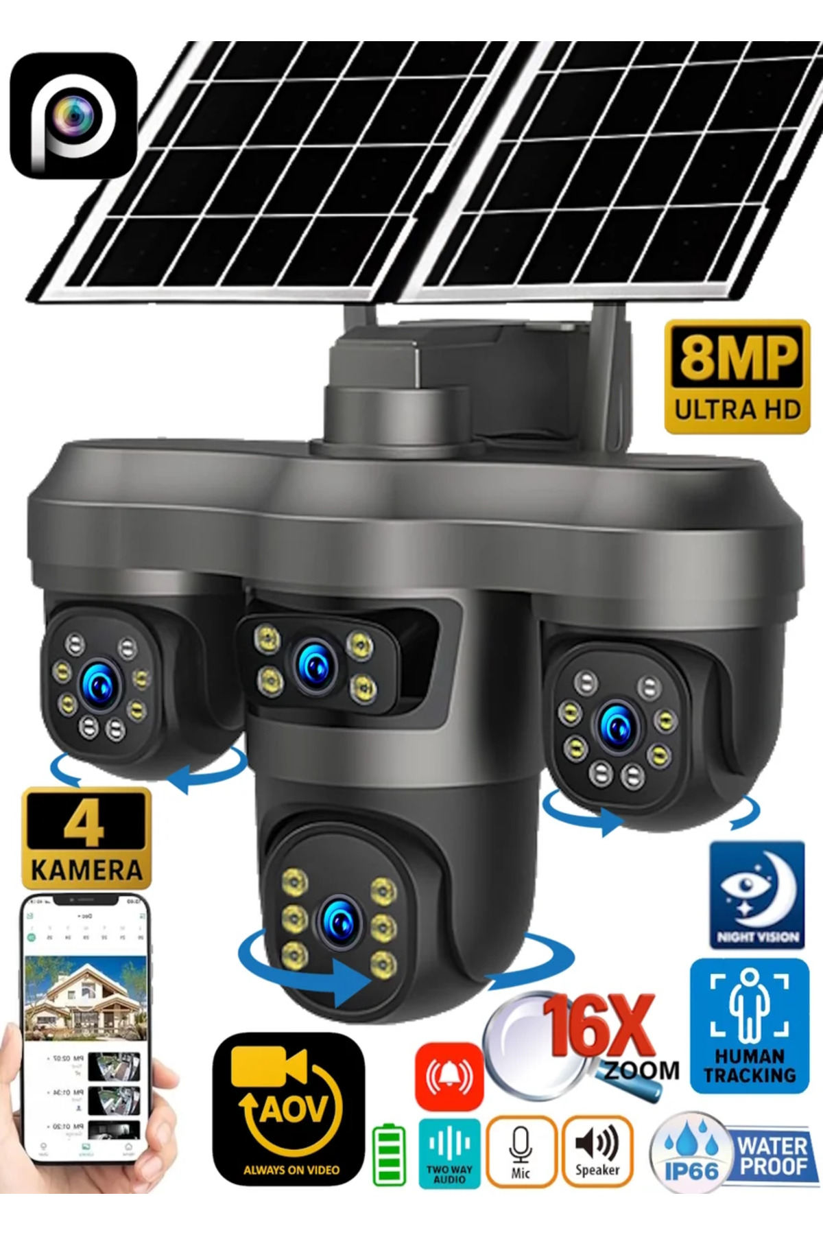 Ventus EsVision 5604 8MP 4 Kameralı 4G Çift Solar Panel 16X Zoom