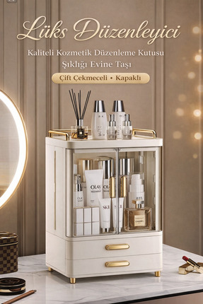 ADEFCO Premium Kozmetik Düzenleyici Makyaj Organizer Çift Çekmeceli Kapaklı T...