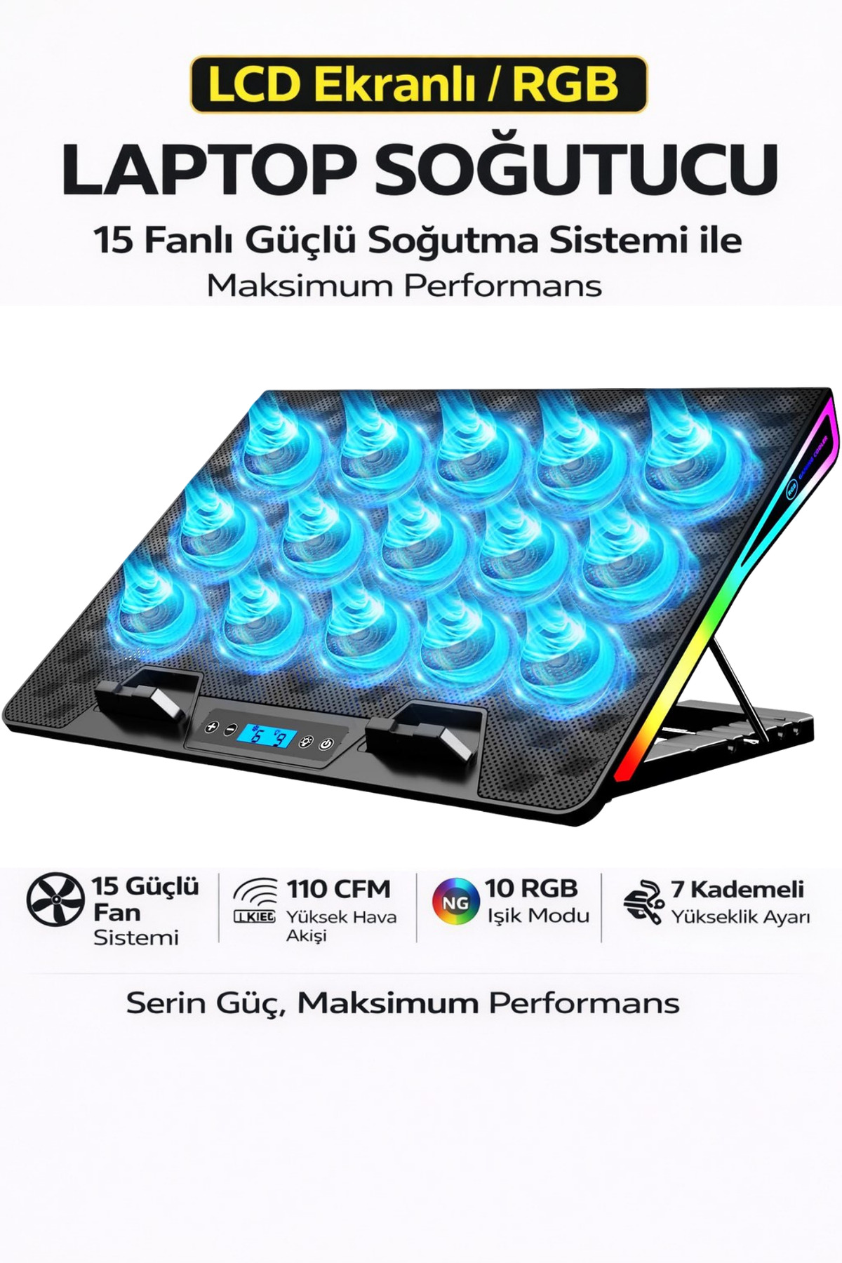 RGB Illuminated Laptop Cooler Stand LCD Display Powerful Silent Cooling with 15 Fans