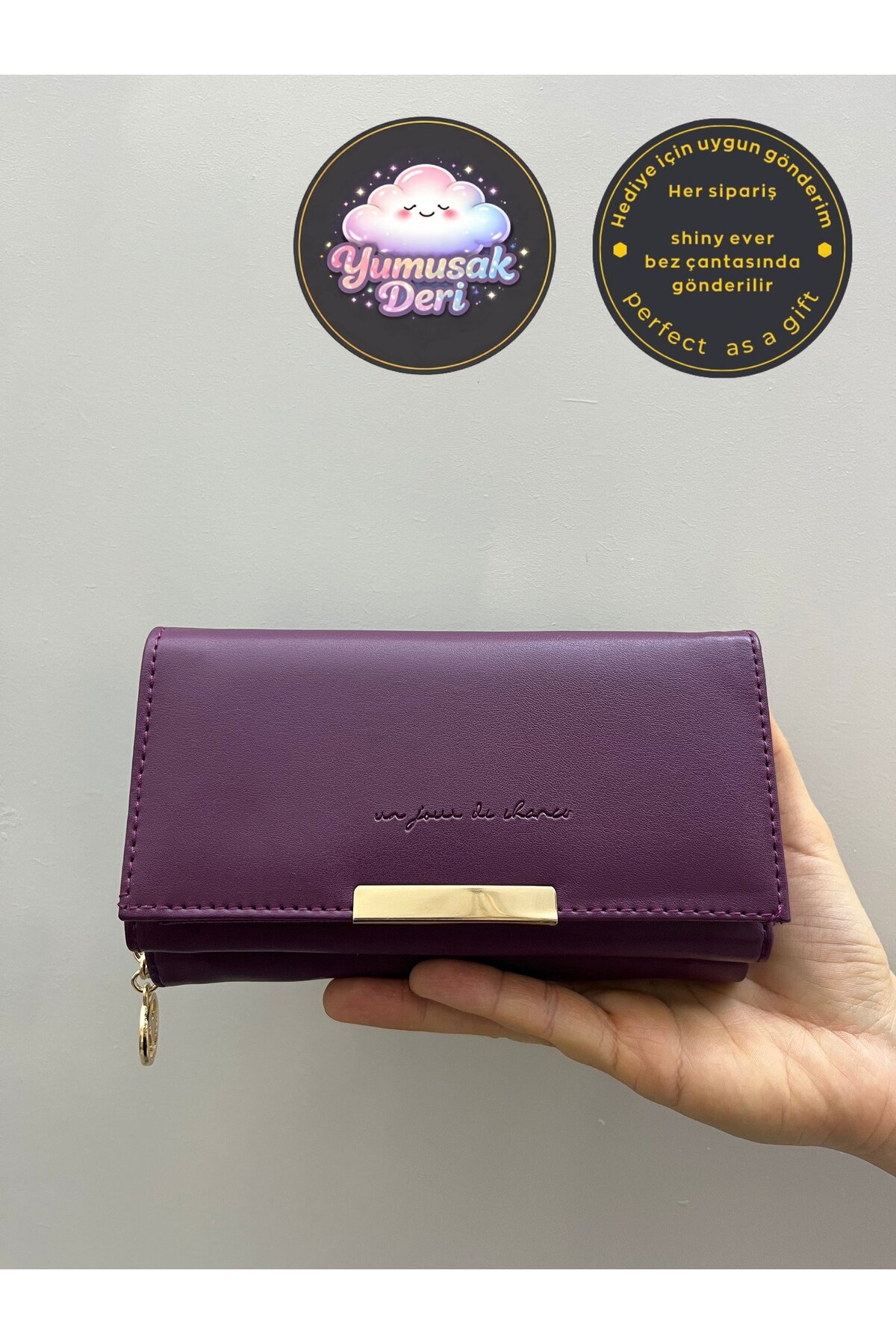 shiny ever  Mürdüm Yumuşak Deri Kadın Cüzdan El Çantası Gold Detaylı - Görsel 4
