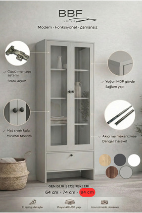BBF Furniture 84 cm Cam Kapaklı Vitrin ve Kitaplık – 5 Raflı, Çekmeceli, Çok ...