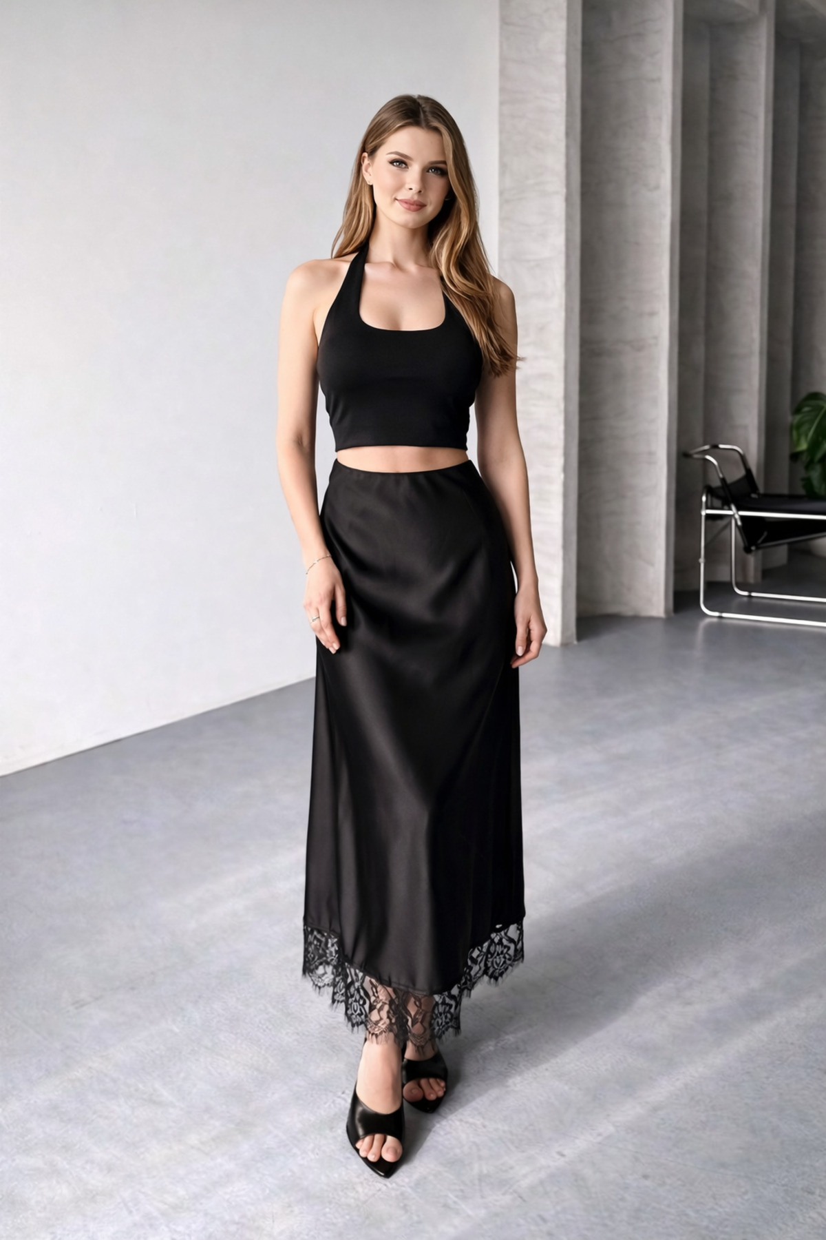 İLKCET MODA Dantelli Uzun Kadın Saten Etek