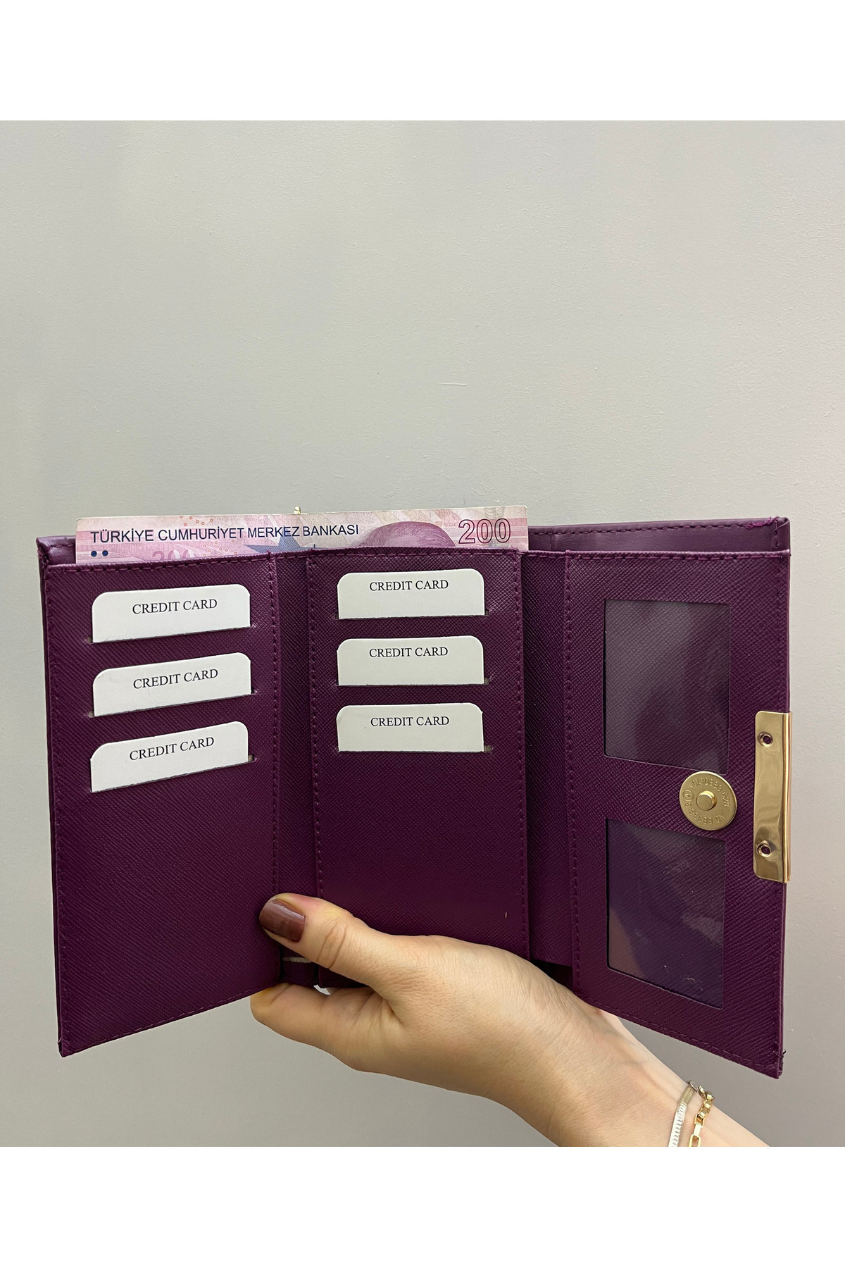 shiny ever  Mürdüm Yumuşak Deri Kadın Cüzdan El Çantası Gold Detaylı - Görsel 3