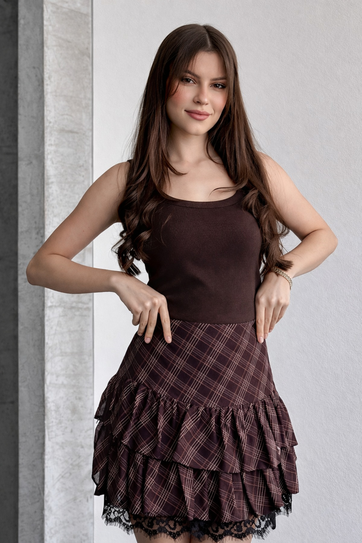 İLKCET MODA Pitikare Kahve Desenli Şifon Katlı Kadın Mini Etek