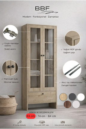 BBF Furniture 64 cm Cam Kapaklı Vitrin ve Kitaplık – 5 Raflı, Çekmeceli, Çok ...