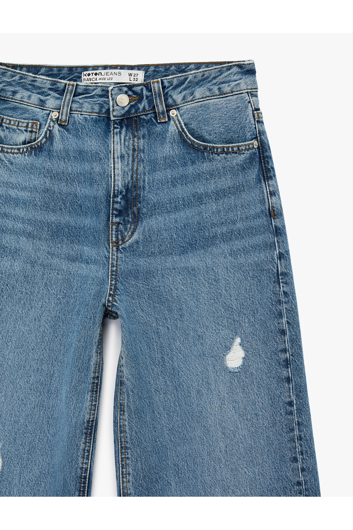 Koton Pamuklu Yüksek Bel Yıpratılmış Geniş Paça Denim Pantolon - Wide Leg Jeans görsel 6