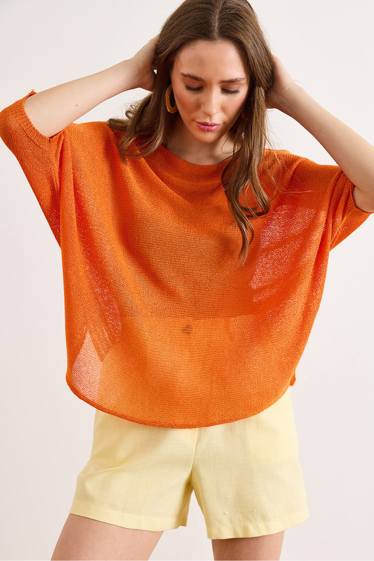 Olalook Women's Orange Boat Neck Bat Mercerized Knitwear Blouse Blz-19003277