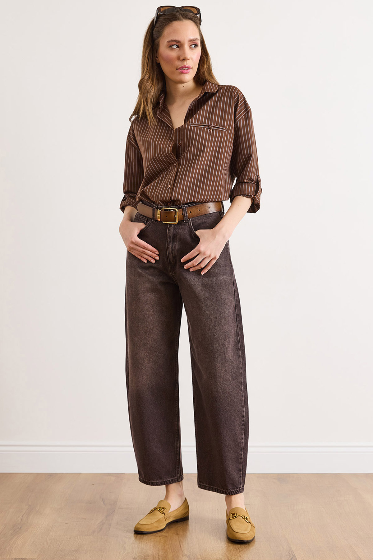 Women's Brown High Waist Pocket Barrel JeanJEA-19000131