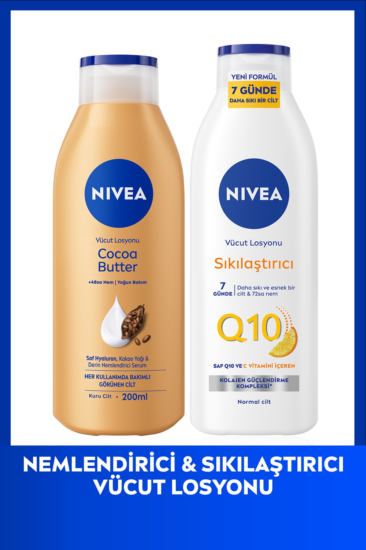 NIVEA Q10 7 Günde Sıkılaştırıcı Vücut Bakım Losyonu 250ml ve Nemlendirici Losyonu Cocoa Butter 200ml — SET.NVE.1381