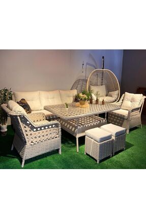 SALINCAKCIM RATTAN BAHÇE VERANDA TERAS BALKON OTURMA GRUBU 3+1+1 KREM