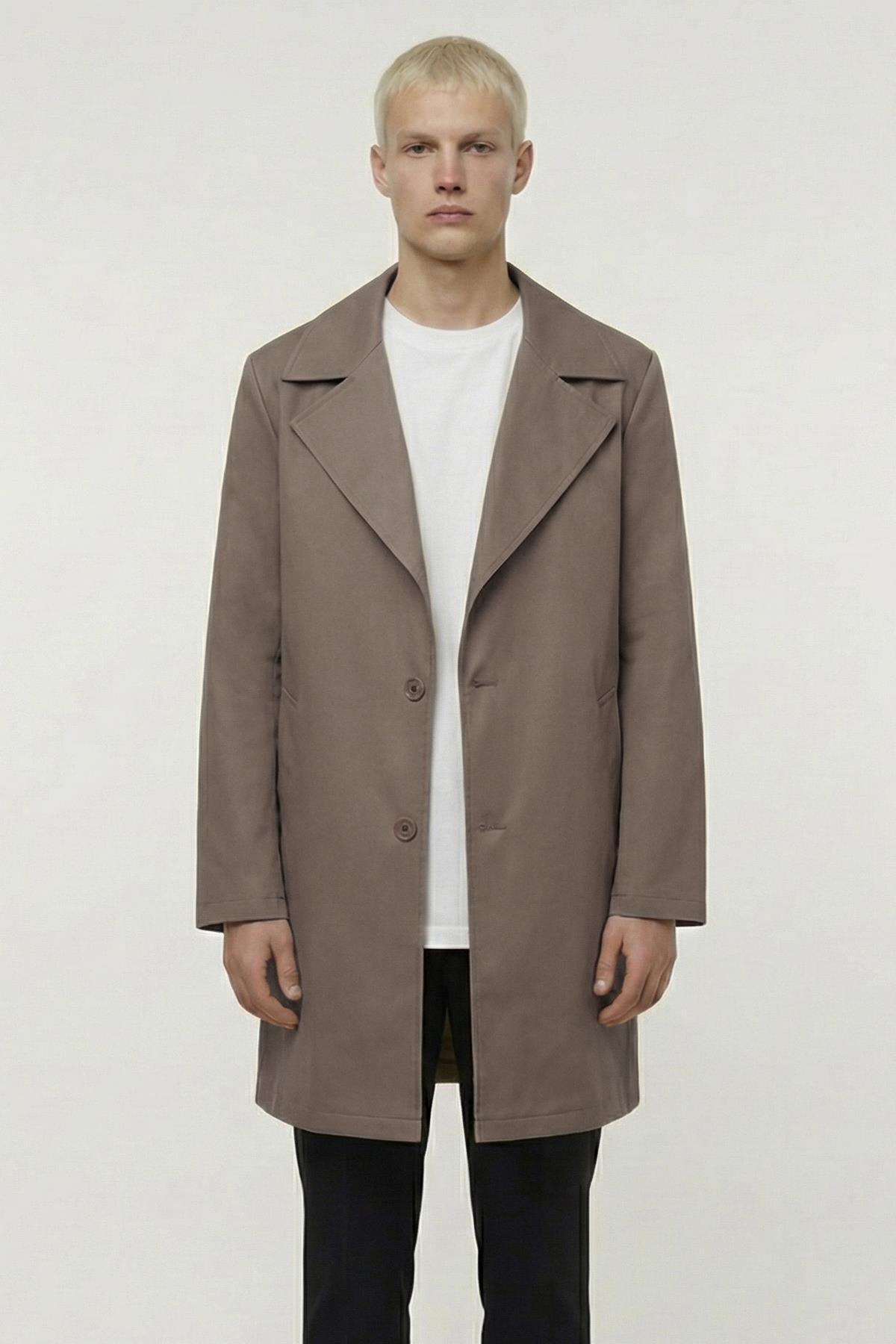 Sabri Özel  Kahve Oversize Fit Pamuklu Mono Yaka Yan Cepli Orta Boy Erkek Trençkot